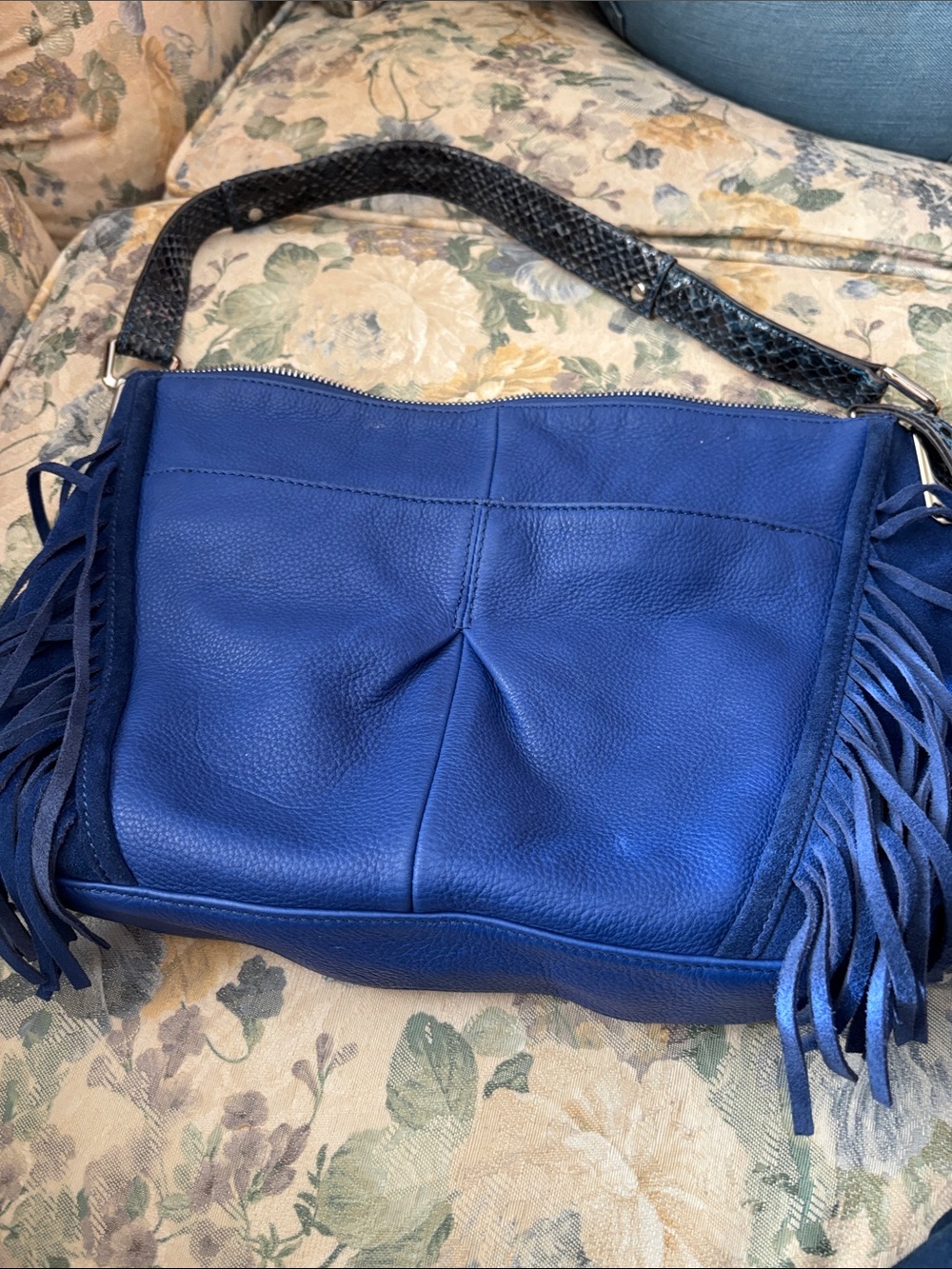 Blue Leather Fringe Crossbody Bag